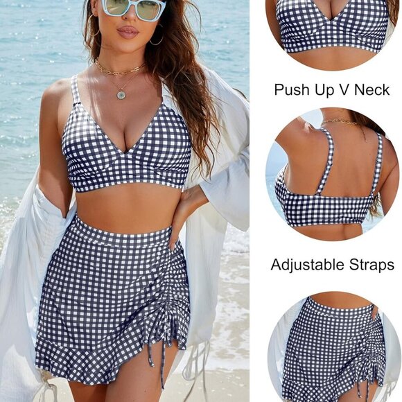 Women's Retro High Waisted Bikini Set in Black White Plaid, Size Large - Picture 2 of 6